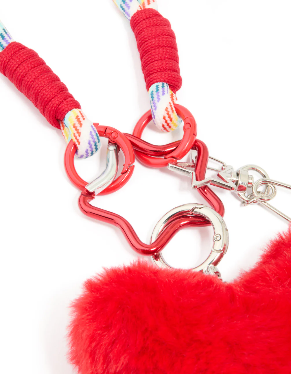 White & Rainbow Rope Red Fluffy Heart Key Chain - Image 2