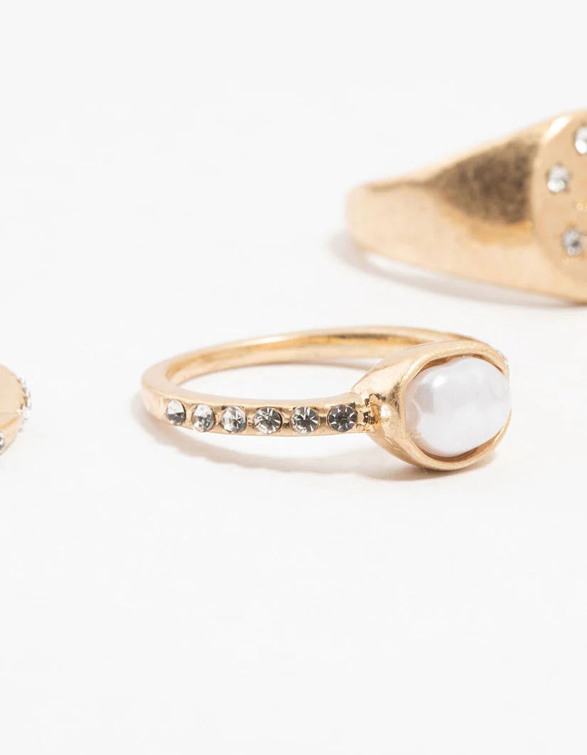 Worn Gold Pearl & Celestial Rings 6-Pack - Image 2