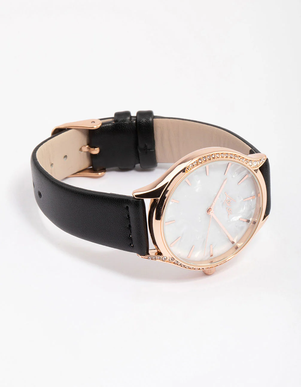 Rose Gold Pearlised Faux Leather Diamante Bezel Watch - Image 3
