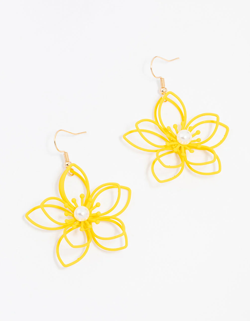 Yellow Gold Wire Pearl Flower Drop Earrings