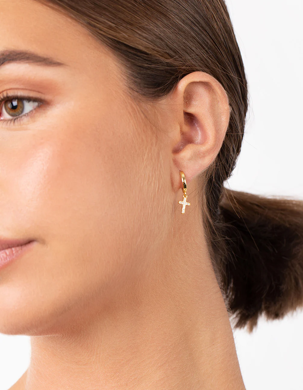 Gold Plated Sterling Silver Cubic Zirconia Cross Huggie Earrings - Image 2