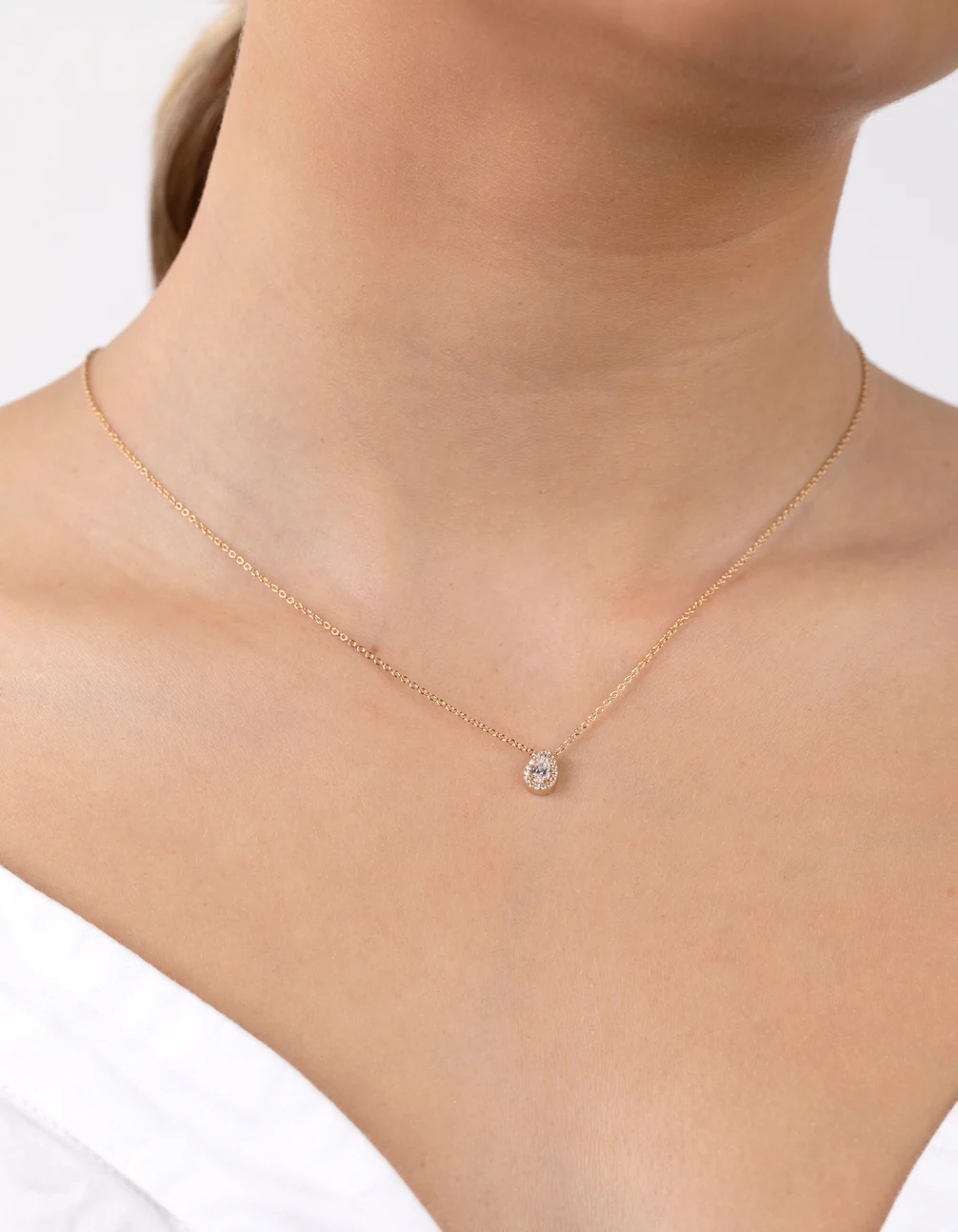 Gold Plated Sterling Silver Cubic Zirconia Pear Halo Necklace - Image 2